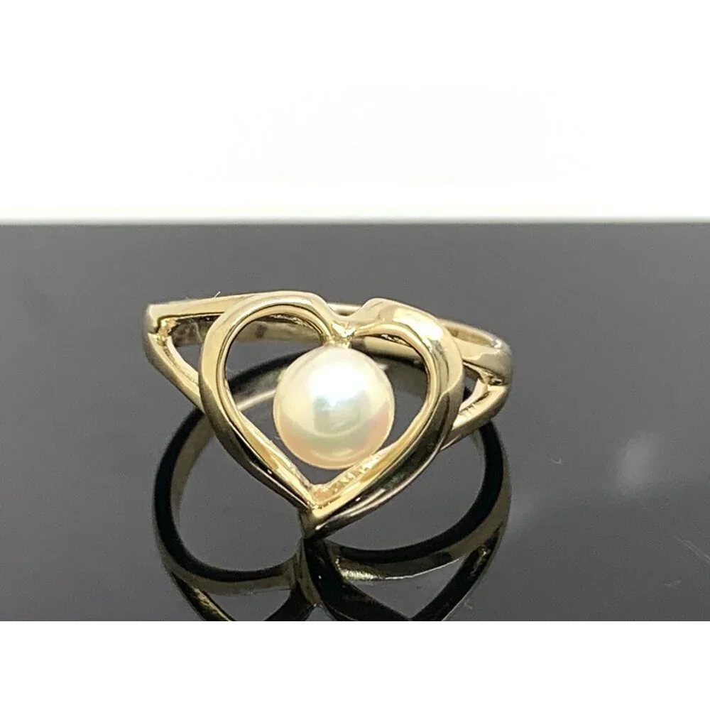 Pearl Cocktail Ring Heart Shape 14k Yellow Gold Estate Jewelry Women's Size 6.25